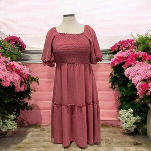 Smocked Midi Dress XXL Boho Cottagecore Puff Sleeve Tiered Pink Flowy Peasant